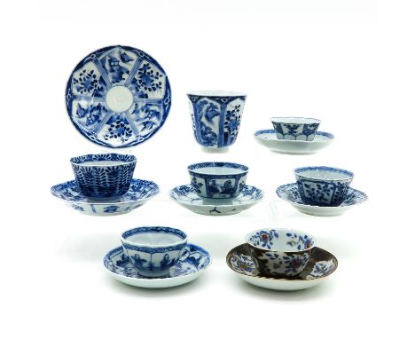 Including 7 cups and 7 saucers, largest saucer is 15 cm. in diameter, diverse conditions. 