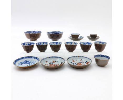 Including cups, saucers, and bowls, largest is 13 cm. in diameter, in diverse conditions.