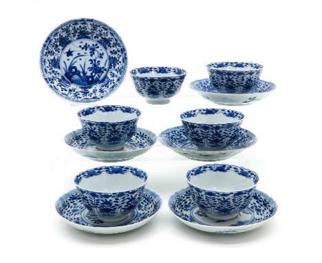 Depicting flowers, marked on bottom with double ring and 4 characters, saucers are 14 cm. in diameter, in diverse conditions.