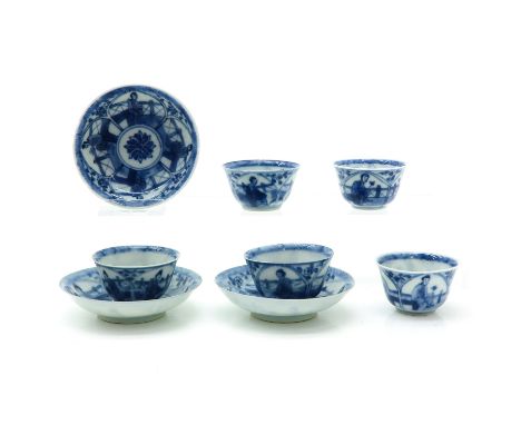 Including 5 cups and 3 saucers, saucers are 8 cm. in diameter, chip and hairline.