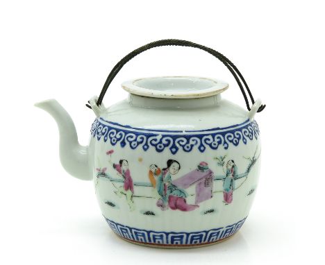 Depicting gathering of Chinese in garden, marked on bottom with seal mark, 10 cm. tall, hairline inside teapot.