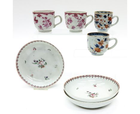 Including 4 cups and 3 saucers, saucers are 14 cm. in diameter, chip and hairline.