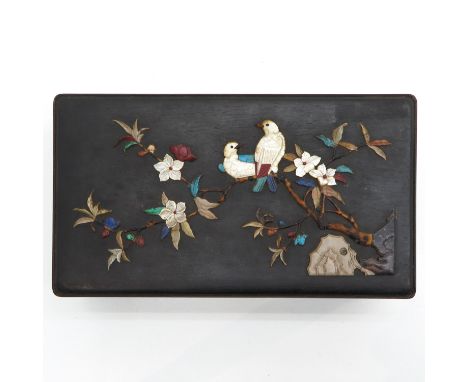 Including Mother of Pearl, depicting scene with birds and flowers, 31 x 10 x 18 cm.