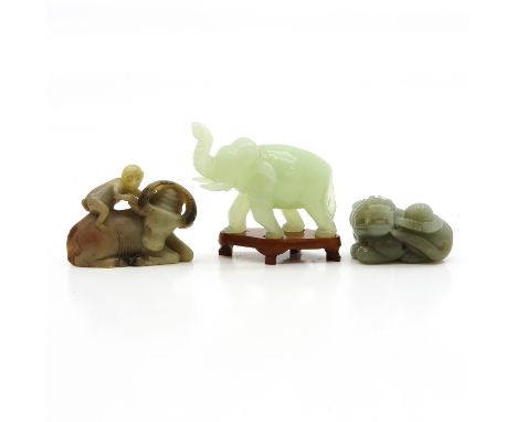 Depicting elephant, temple lion and monkey on bull,  elephant is 8 cm. tall with tiny chip on trunk.
