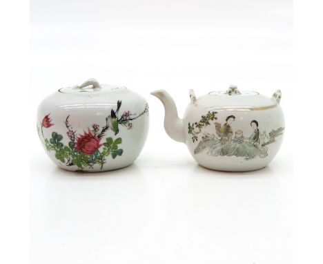 Depicting scene with Chinese ladies in garden and scene with flowers and birds, Teapot is 10 cm. tall, chip and hairline.