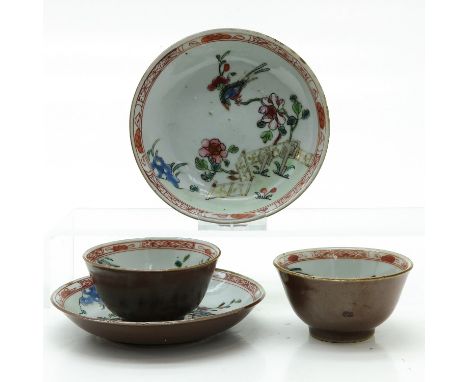 Cappuccino with Famille Rose enamels, saucers are 12 cm. in diameter.