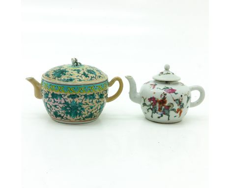 Including 1 in Famille Rose enamels, tallest teapot is 10 cm., chip and hairline.