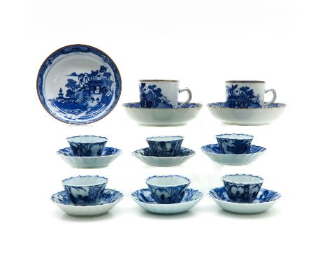 Including 8 cups and 9 saucers, largest saucer is 14 cm. in diameter, diverse conditions. 
