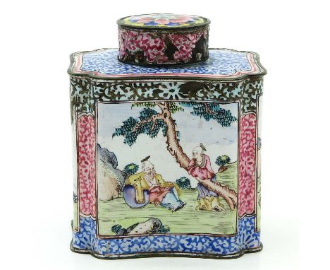 Depicting Chinese men in garden, 11 cm. tall, part of enamel missing.