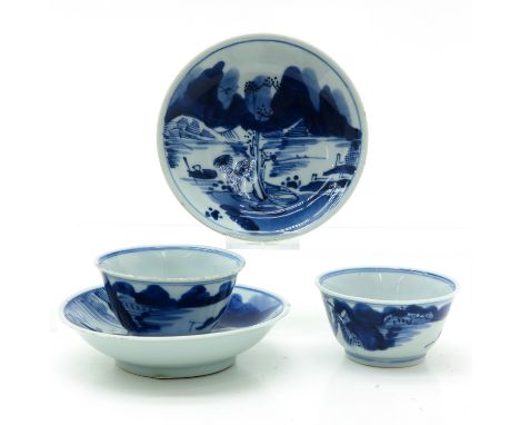 Depicting landscape scene, marked on bottom with double ring and Jade, saucers are 12 cm. in diameter, chip.