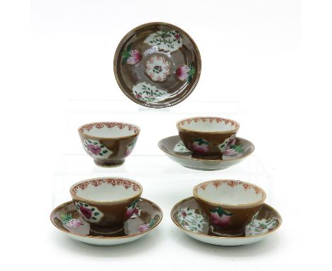 Cappuccino with Famille Rose enamels, saucers are 12 cm. in diameter.