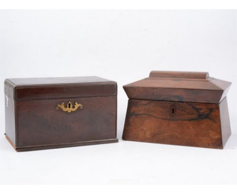 A Georgian mahogany tea caddy, A Victorian rosewood caddy, and two rosewood barometer cases, all as found (4)