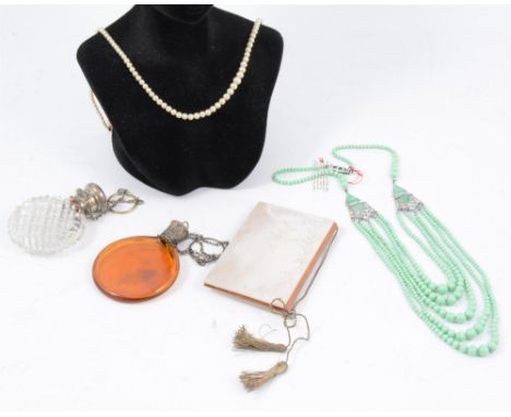 Art Deco simulated jade and paste five strand bead necklace, simulated graduated pearl necklace in a Knight &amp; Son of Nort