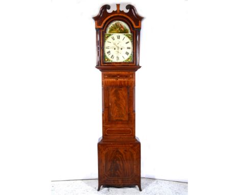 A 19th Century flame mahogany longcase clock, signed G. K. Hirst, Leeds, the arched square dial painted with a hunter with gu