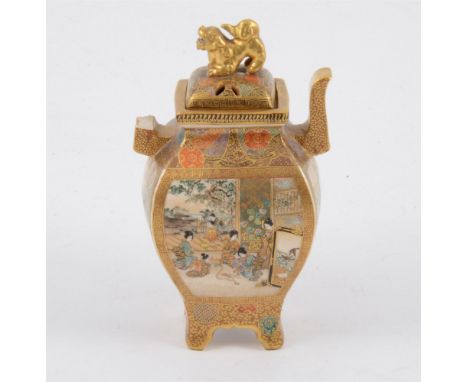 Late 19th Century Japanese Satsuma koro and cover with kylin finial, one handle lacking, painted with figural Court scenes, 1