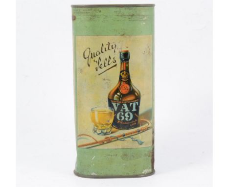 Vat 69 liqueur Scotch whisky in original War Office Times and Naval Review tin, possibly 1930s, tin unopened with cornbeef ti