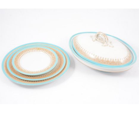 Royal Worcester Vitreous dinner service, turquoise and gold colourway, including covered tureen, dinner dessert and side plat