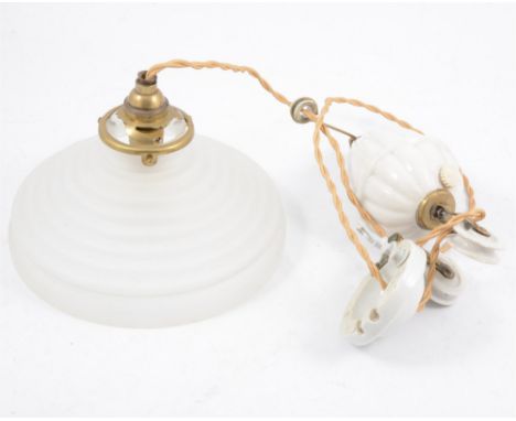 Rise and fall ceiling light, ceramic weight, frosted glass shade, 20cm diam.