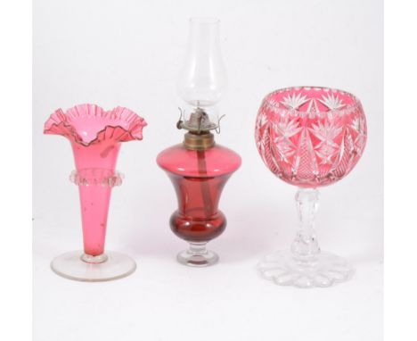 Cranberry glass trumpet shaped vase, crimped rim, 24cm, other Cranberry and ruby overlaid glass together with Victorian pink 