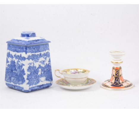Staffordshire transferware sauce tureen Willow pattern, Maling type blue and white biscuit box, Spode blue and white mug, oth