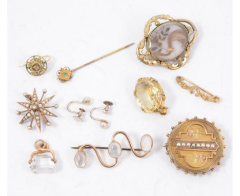 A collection of Victorian and later jewellery, a yellow metal circular brooch set with eight horizontal seed pearls and beade