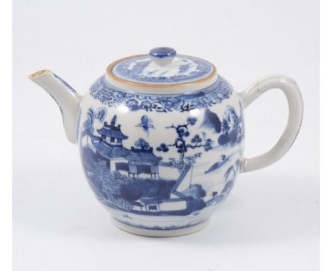 Chinese export porcelain blue and white teapot, Qianlong, decorated with a river landscape,handle repaired 13cm