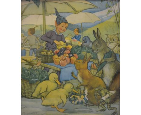 After Margaret Tarrant, Pixies picnic, a colour nursery print 53 x 43cm and two similar, [3]