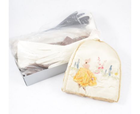 A large quantity of vintage kid gloves, accessories, hand embroidered tea cosies, a sequin evening compact purse, a 1953 Coro