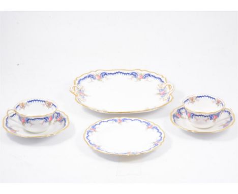 Twelve-piece Spode Copeland tea set, 'Gresham' pattern, including trios, two square cake plates, milk jug and bowl.