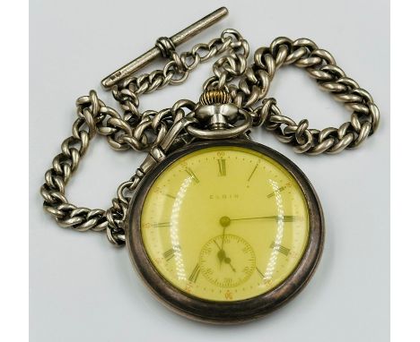 An Elgin Silver pocket watch on silver T Bar chain