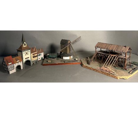 Three model railway train layout buildings to include a windmill AF 