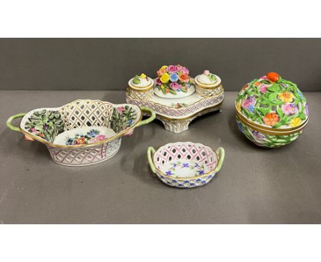Herend Hvngary porcelain to include lattice potpourri sphere inkwell and lattice baskets 