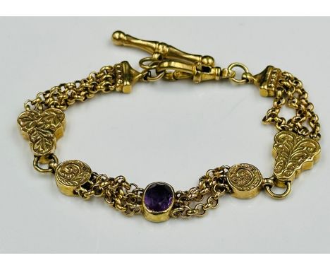 A 9ct gold bracelet with inset amethysts in the style of a watch chain, approximate total weight 18g  
