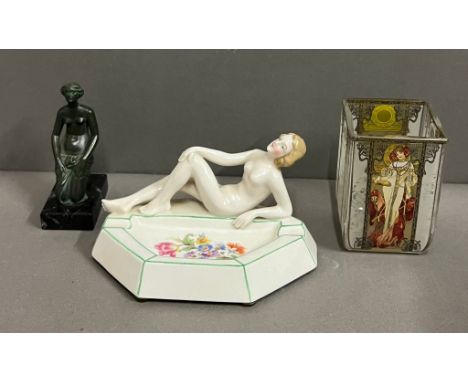 Art Deco porcelain tray and Goebel frosted glass tealight holders 