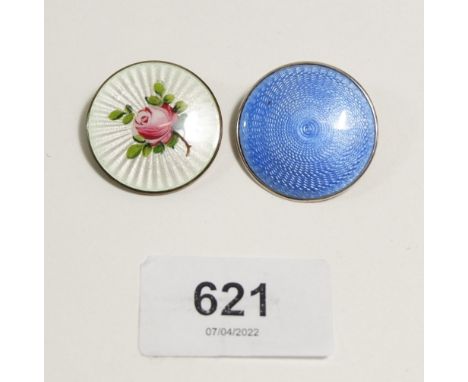 A 925 silver and enamel circular brooch painted rose and a similar blue enamel brooch marked J A &amp; S 