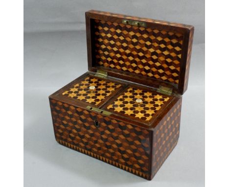 A 19th century parquetry tea caddy, 19 x 11 x 12cm