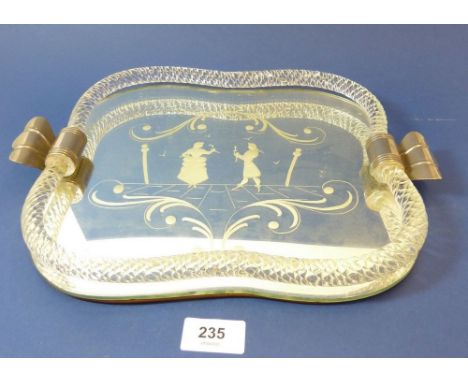 A vintage Venetian glass tray with engraved romantic scene, silver plate handles (35cm wide to include handles x 25cm) 