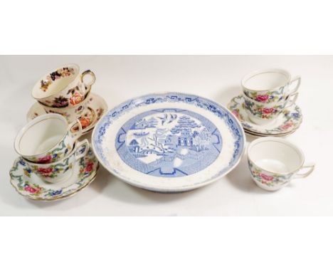A Victorian blue and white cheese stand, two Masons cups and saucers 'Mandarin' and five Booths Flora Dora cups and saucers 