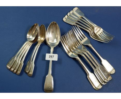 Six silver Old English Pattern dinner forks, six dessert forks, two tablespoons and five dessert spoons and one matched repla