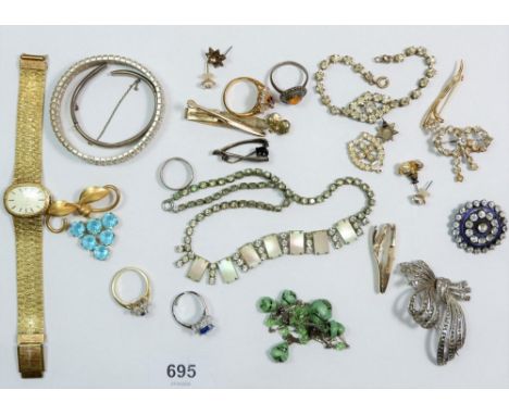 A box of vintage costume jewellery, vintage watch etc. 