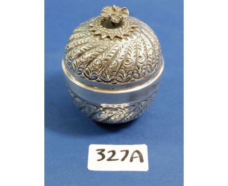 A 900 standard silver circular pot and cover with embossed swirl decoration, flower finial and gilt interior, 93g, 7.5cm tall