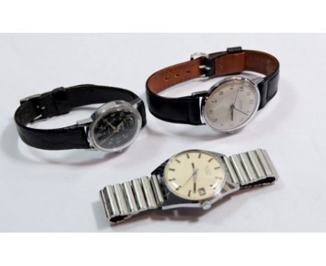 A Mortima Antimagnetic vintage gentlemens wrist watch with black dial and luminous numerals and two Sekonda vintage watches 