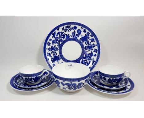 A Coalport blue and white Belfort pattern part tea service comprising: seven cups and ten saucers, cake plate, ten tea plates