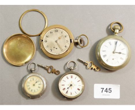 A silver 955 standard fob watch with enamel dial, a white metal fob watch a/f and two plated pocket watches etc. 