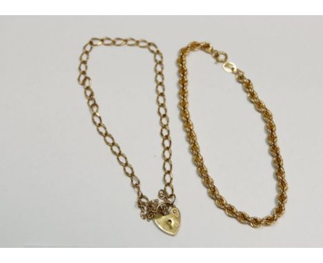 A vintage 9 carat gold rope twist bracelet, Birmingham import marks 1989,  together with a 9 carat gold heart padlock bracele