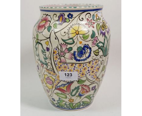 A Carter Stabler and Adams Poole Pottery vase painted deer on a floral background, 24cm tall - hairline to rim, monogram SK 