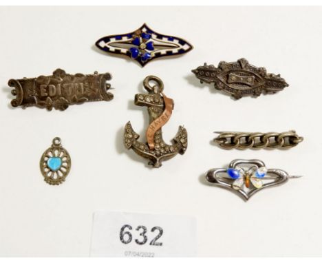 Four silver brooches, an enamel one and anchor one etc. some damage 