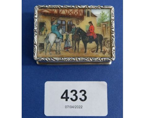 A silver and enamel snuff box decorated figures outside a tavern, Birmingham 1979, Maker S J Rose &amp; Son 56g, 4.8 x 3.5cm 