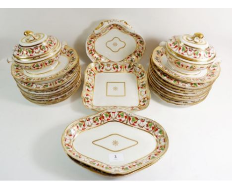 A Regency Spode dessert service comprising: two small tureens and stands, three oval serving dishes, two other serving dishes