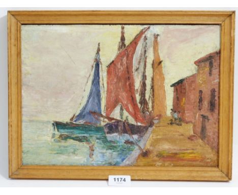 A vintage oil on board harbour scene with fishing boats, 25 x 35cm 